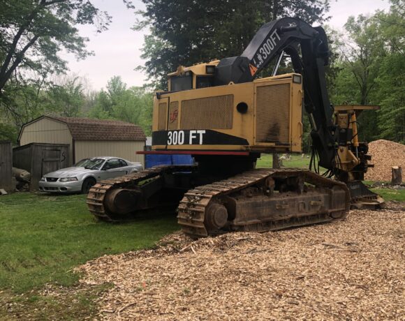 A yellow vehicle is clearing brush from the ground.