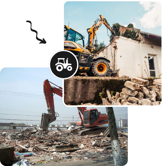 A construction site featuring a bulldozer and a truck, with dirt and materials scattered around the area and performing demolition.