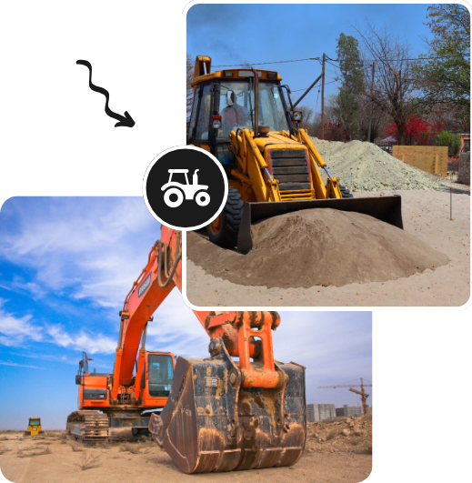 Three images of construction equipment, including a prominent bulldozer, showcasing various machinery on a worksite.